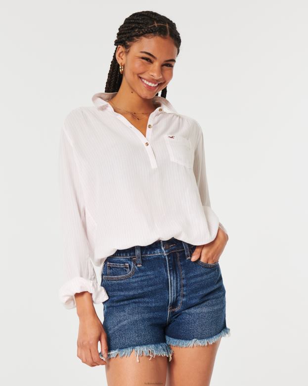 Tops Hollister Women Easy Lightweight Cotton Popover Shirt 48820392 Light Pink Stripe
