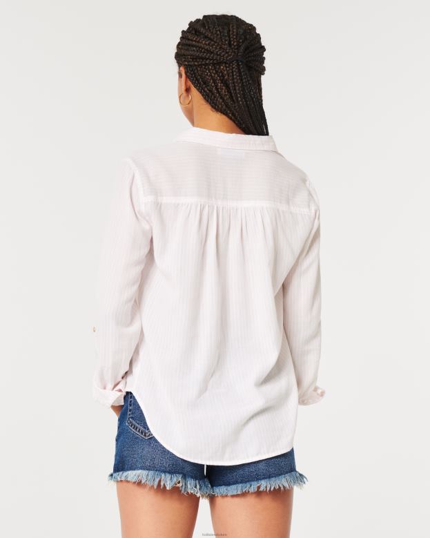 Tops Hollister Women Easy Lightweight Cotton Popover Shirt 48820392 Light Pink Stripe