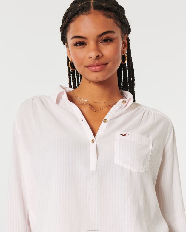 Tops Hollister Women Easy Lightweight Cotton Popover Shirt 48820392 Light Pink Stripe
