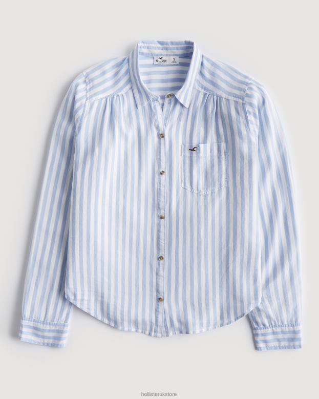 Tops Hollister Women Easy Logo Icon Button-Through Shirt 48820350 Light Blue Stripe