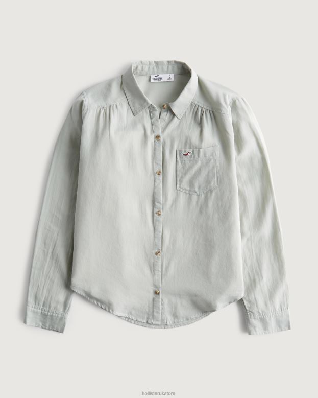 Tops Hollister Women Easy Logo Icon Button-Through Shirt 48820354 Sage Green