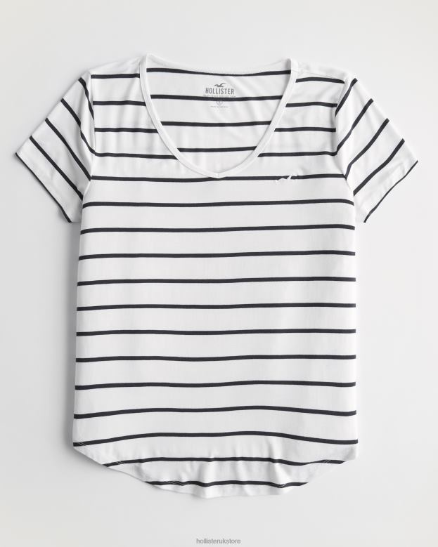 Tops Hollister Women Easy Logo Icon V-Neck T-Shirt 48820204 White Stripe