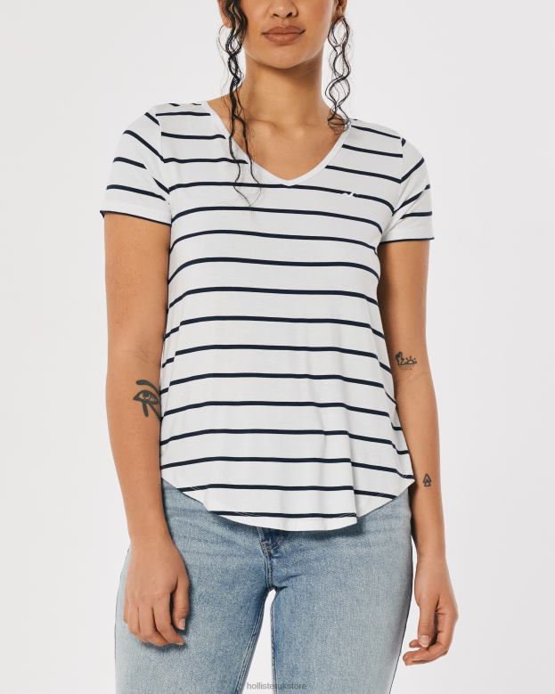 Tops Hollister Women Easy Logo Icon V-Neck T-Shirt 48820204 White Stripe