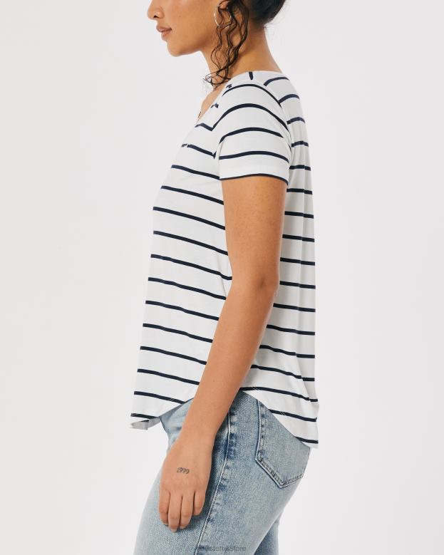 Tops Hollister Women Easy Logo Icon V-Neck T-Shirt 48820204 White Stripe