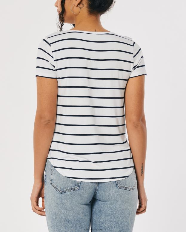 Tops Hollister Women Easy Logo Icon V-Neck T-Shirt 48820204 White Stripe