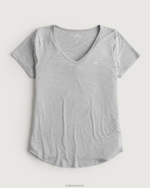 Tops Hollister Women Easy Logo Icon V-Neck T-Shirt 48820219 Heather Grey
