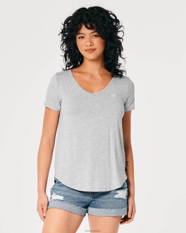 Tops Hollister Women Easy Logo Icon V-Neck T-Shirt 48820219 Heather Grey