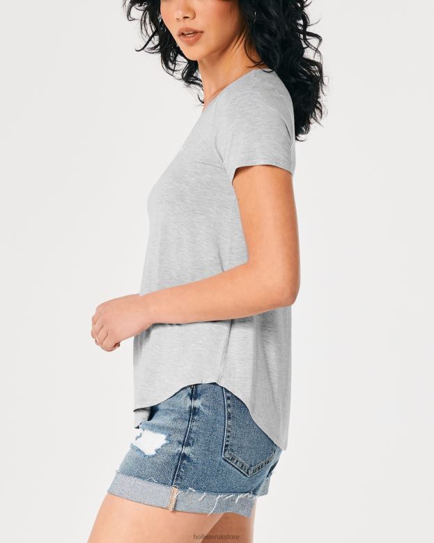 Tops Hollister Women Easy Logo Icon V-Neck T-Shirt 48820219 Heather Grey