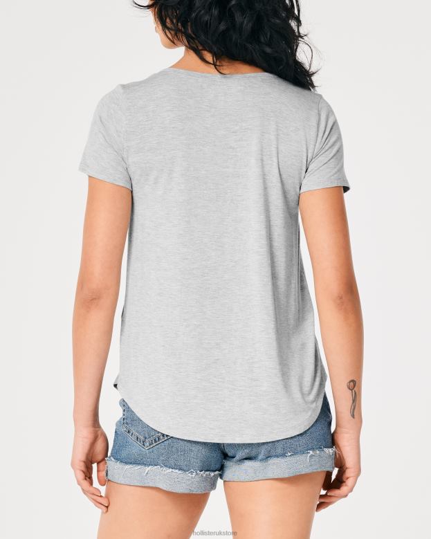 Tops Hollister Women Easy Logo Icon V-Neck T-Shirt 48820219 Heather Grey