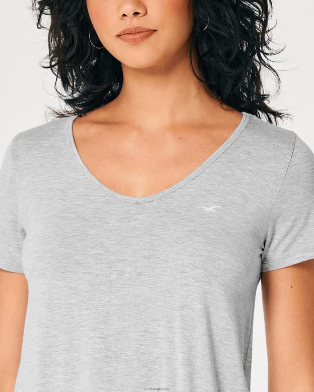 Tops Hollister Women Easy Logo Icon V-Neck T-Shirt 48820219 Heather Grey