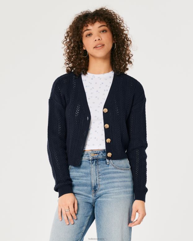 Tops Hollister Women Easy Textured Crop Cardigan 48820146 Navy Blue