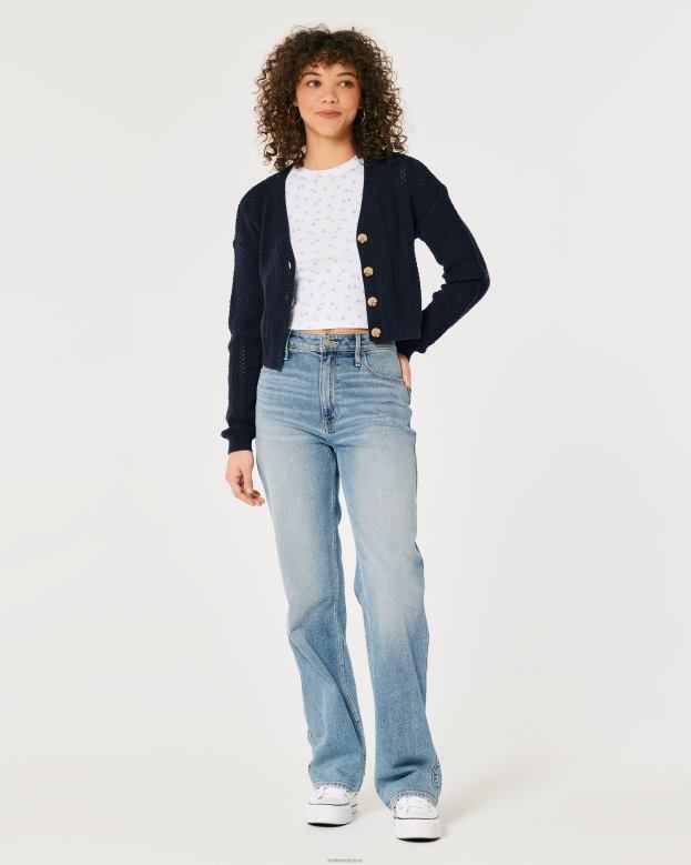 Tops Hollister Women Easy Textured Crop Cardigan 48820146 Navy Blue