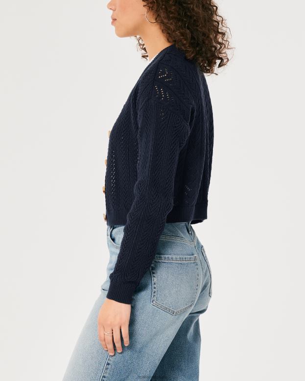 Tops Hollister Women Easy Textured Crop Cardigan 48820146 Navy Blue