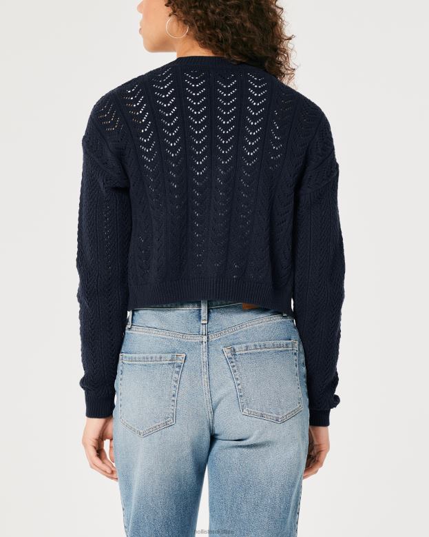 Tops Hollister Women Easy Textured Crop Cardigan 48820146 Navy Blue