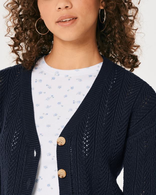 Tops Hollister Women Easy Textured Crop Cardigan 48820146 Navy Blue