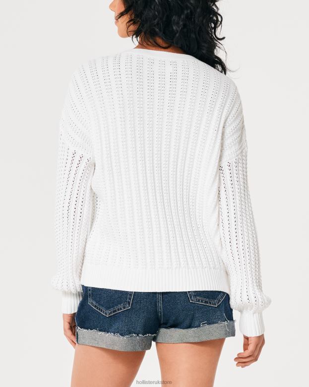 Tops Hollister Women Easy V-Neck Crochet Cardigan 48820159 White