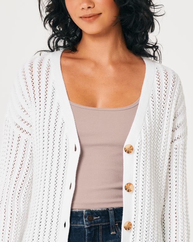 Tops Hollister Women Easy V-Neck Crochet Cardigan 48820159 White