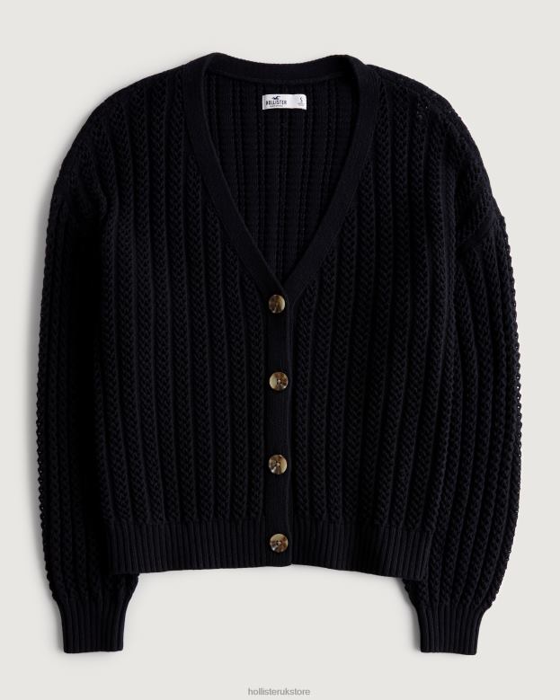 Tops Hollister Women Easy V-Neck Crochet Cardigan 48820381 Black