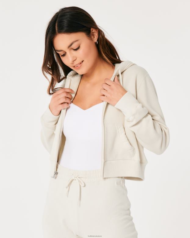 Tops Hollister Women Feel Good Mini Full-Zip Hoodie 48820168 Cream
