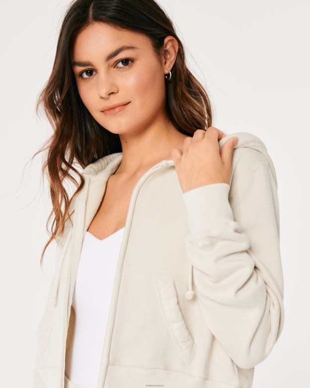 Tops Hollister Women Feel Good Mini Full-Zip Hoodie 48820168 Cream