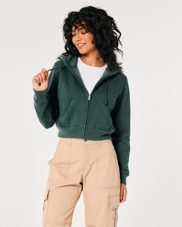 Tops Hollister Women Feel Good Mini Full-Zip Hoodie 48820175 Green