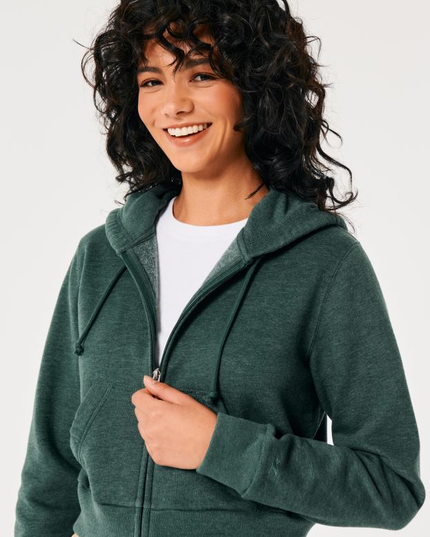 Tops Hollister Women Feel Good Mini Full-Zip Hoodie 48820175 Green