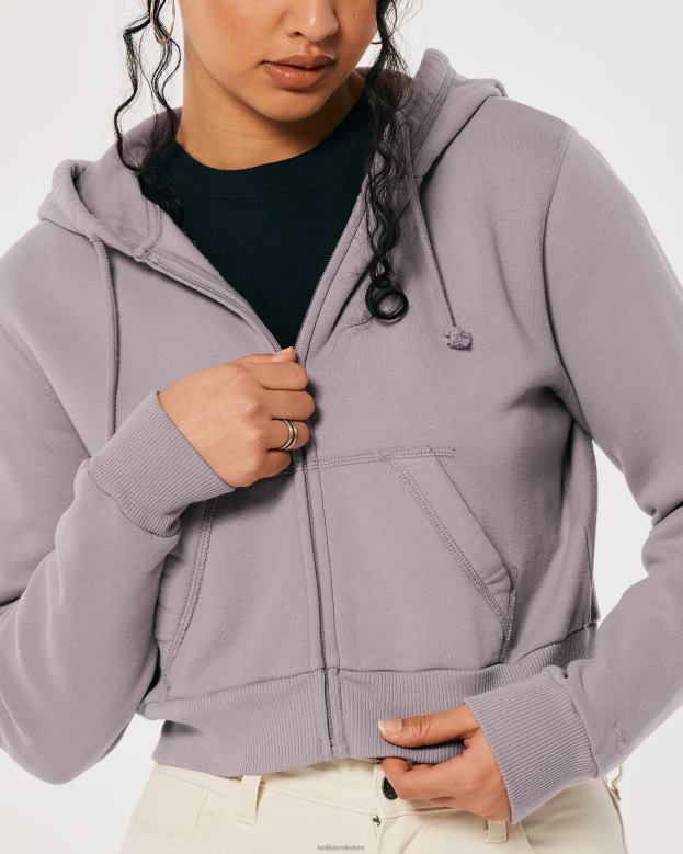 Tops Hollister Women Feel Good Mini Full-Zip Hoodie 48820233 Purple Grey