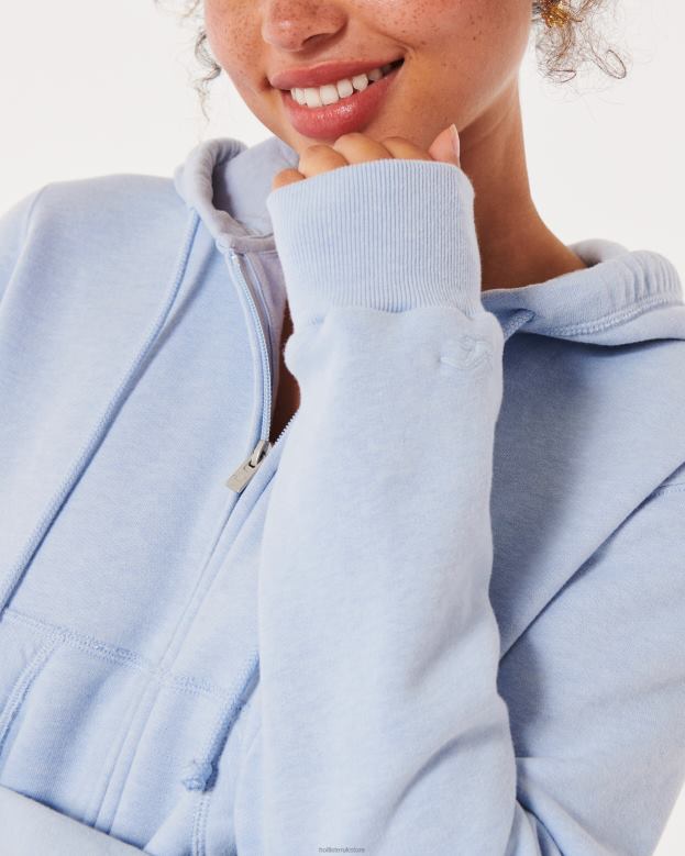 Tops Hollister Women Feel Good Mini Full-Zip Hoodie 48820281 Light Blue