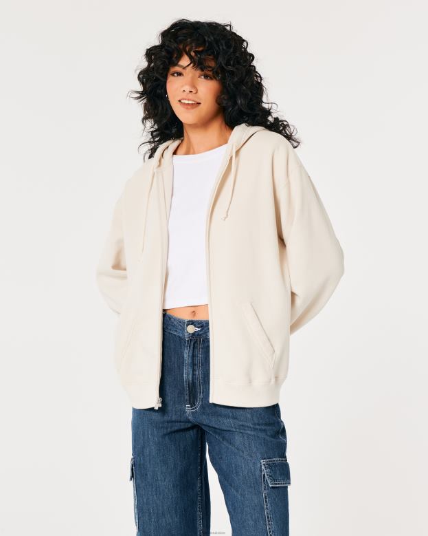 Tops Hollister Women Feel Good Oversized Full-Zip Hoodie 48820121 Cream