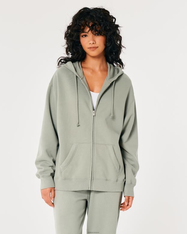 Tops Hollister Women Feel Good Oversized Full-Zip Hoodie 48820122 Light Green