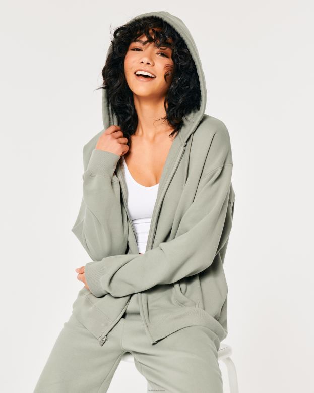 Tops Hollister Women Feel Good Oversized Full-Zip Hoodie 48820122 Light Green