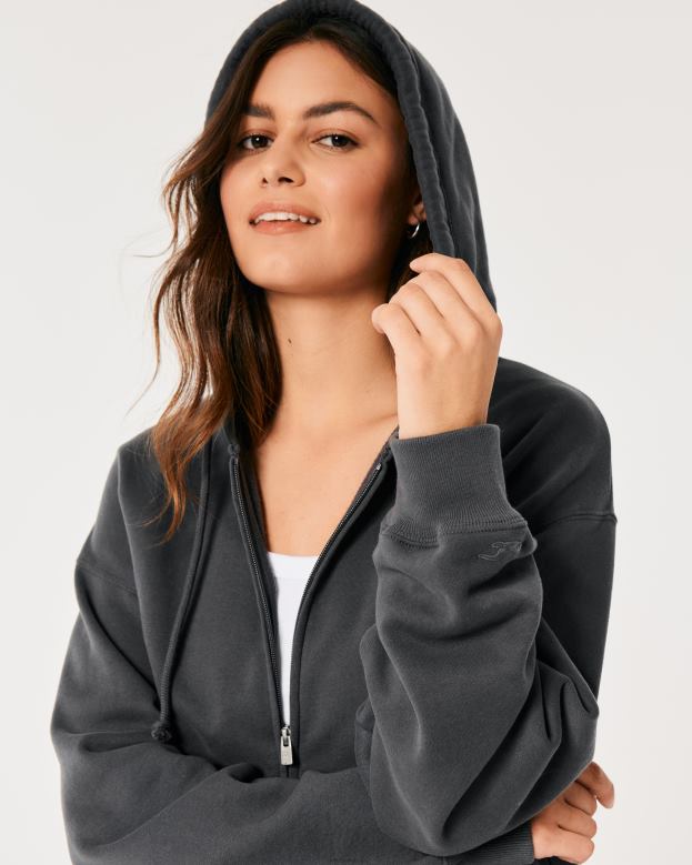 Tops Hollister Women Feel Good Oversized Full-Zip Hoodie 4882026 Dark Grey