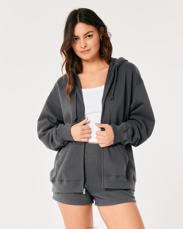 Tops Hollister Women Feel Good Oversized Full-Zip Hoodie 4882026 Dark Grey