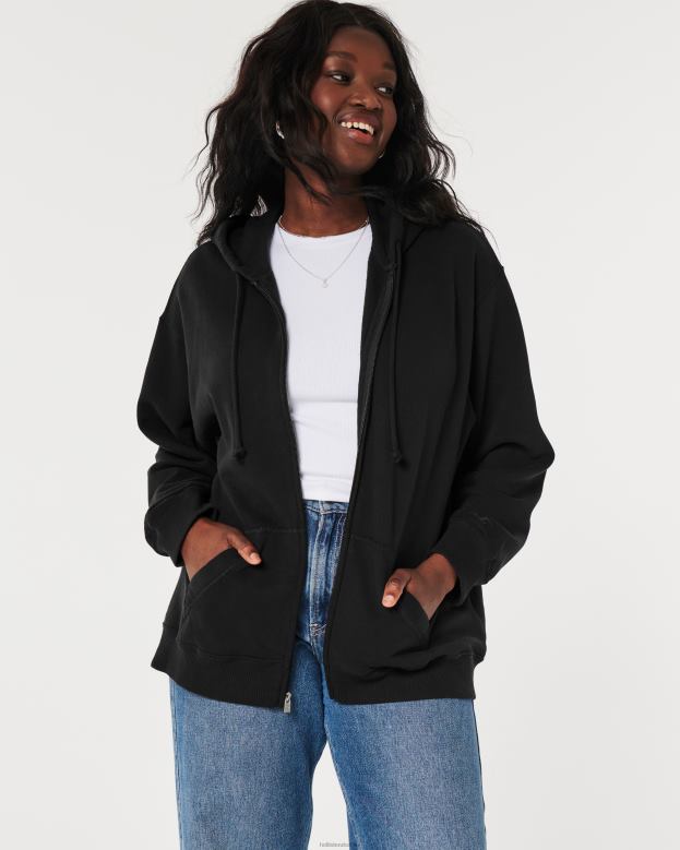 Tops Hollister Women Feel Good Oversized Full-Zip Hoodie 488204 Black