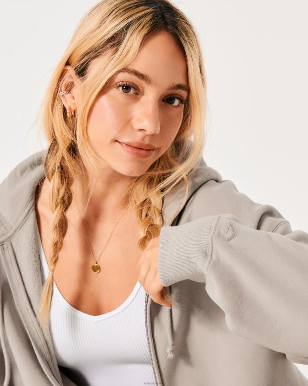 Tops Hollister Women Feel Good Oversized Full-Zip Hoodie 4882044 Taupe