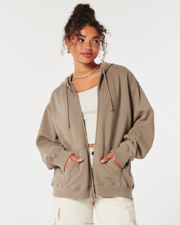 Tops Hollister Women Feel Good Oversized Full-Zip Hoodie 4882065 Light Brown