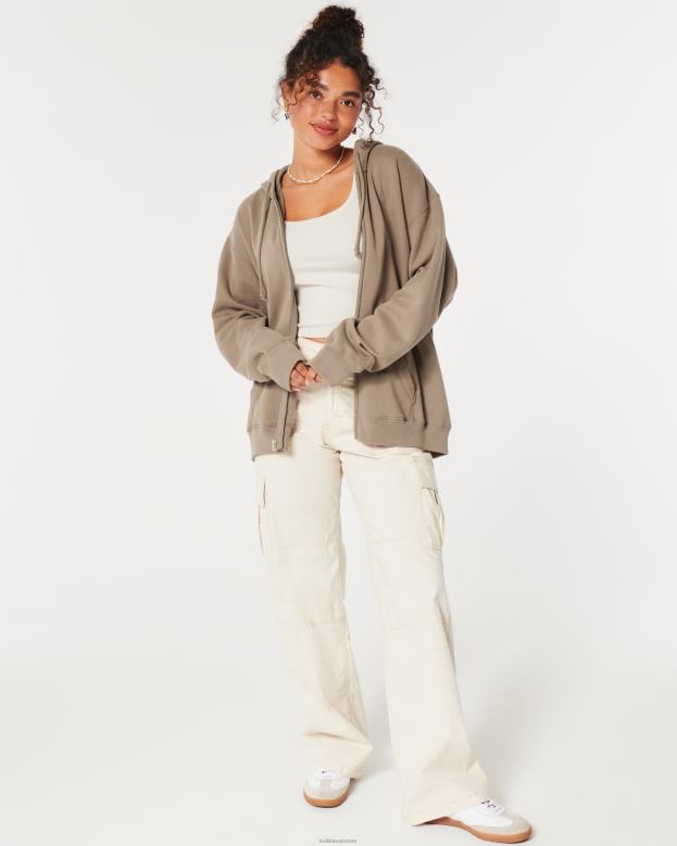 Tops Hollister Women Feel Good Oversized Full-Zip Hoodie 4882065 Light Brown