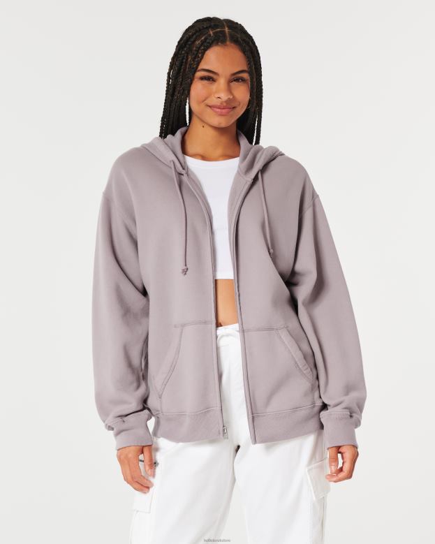 Tops Hollister Women Feel Good Oversized Full-Zip Hoodie 4882077 Purple Grey