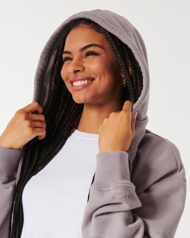 Tops Hollister Women Feel Good Oversized Full-Zip Hoodie 4882077 Purple Grey