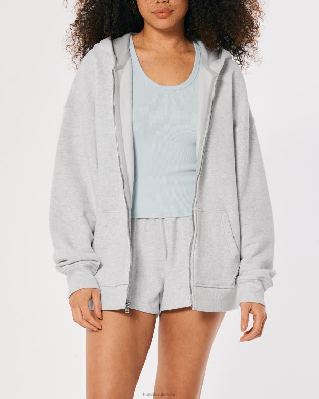 Tops Hollister Women Gilly Hicks Active Essentials Oversized Full-Zip Hoodie 4882052 Light Heather Grey