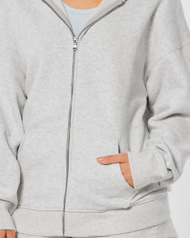 Tops Hollister Women Gilly Hicks Active Essentials Oversized Full-Zip Hoodie 4882052 Light Heather Grey
