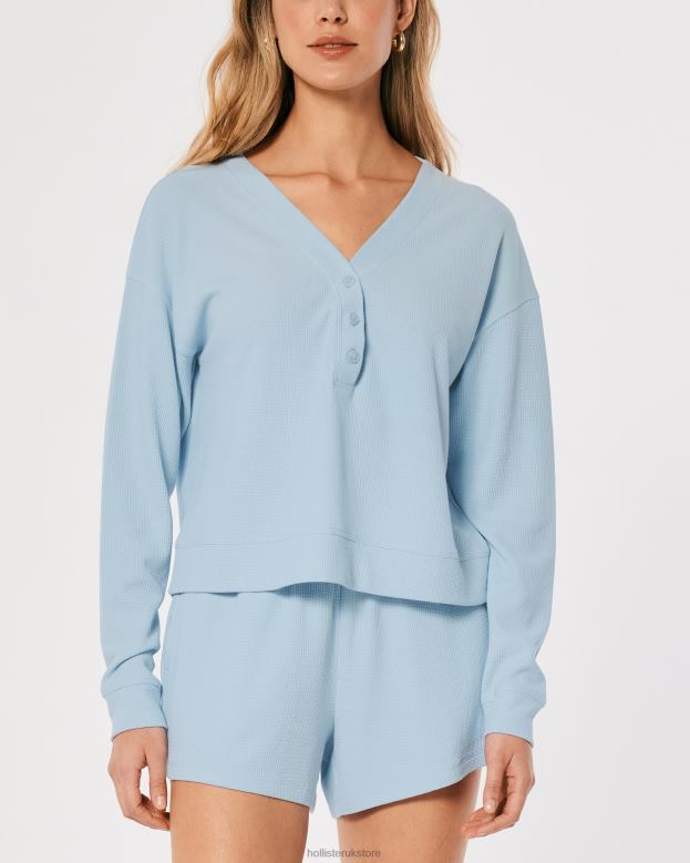 Tops Hollister Women Gilly Hicks Boxy Waffle Henley 48820459 Light Blue