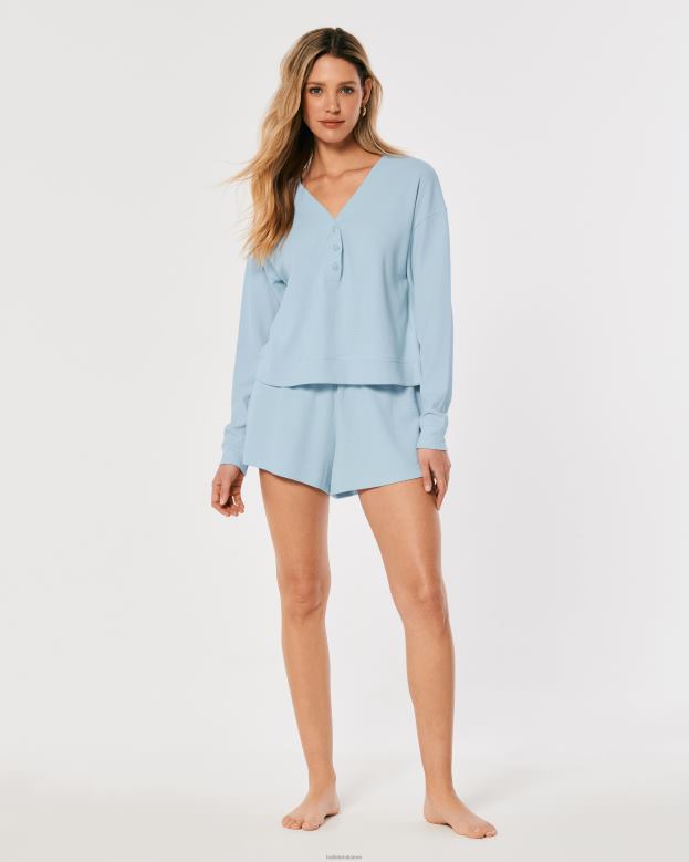 Tops Hollister Women Gilly Hicks Boxy Waffle Henley 48820459 Light Blue
