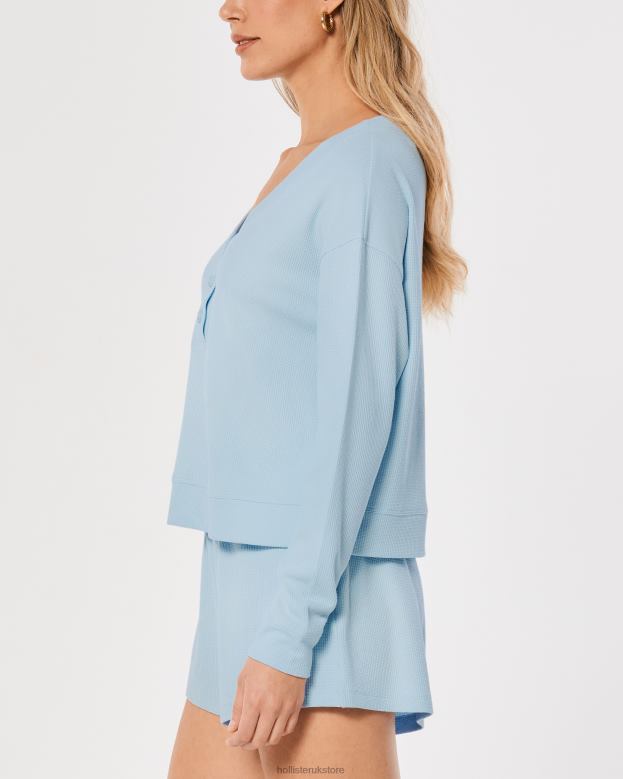 Tops Hollister Women Gilly Hicks Boxy Waffle Henley 48820459 Light Blue