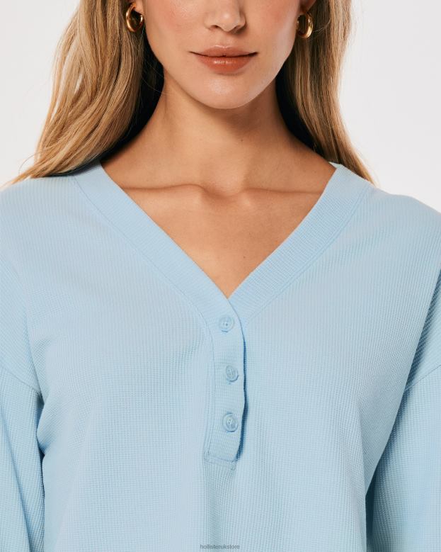 Tops Hollister Women Gilly Hicks Boxy Waffle Henley 48820459 Light Blue