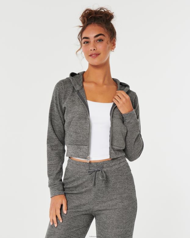 Tops Hollister Women Gilly Hicks Cozy Micro-Waffle Full-Zip 48820173 Dark Heather Grey