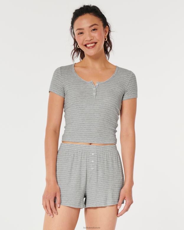 Tops Hollister Women Gilly Hicks Jersey Ribbed Baby Sleep Tee 48820443 Light Grey Stripe