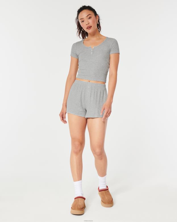 Tops Hollister Women Gilly Hicks Jersey Ribbed Baby Sleep Tee 48820443 Light Grey Stripe