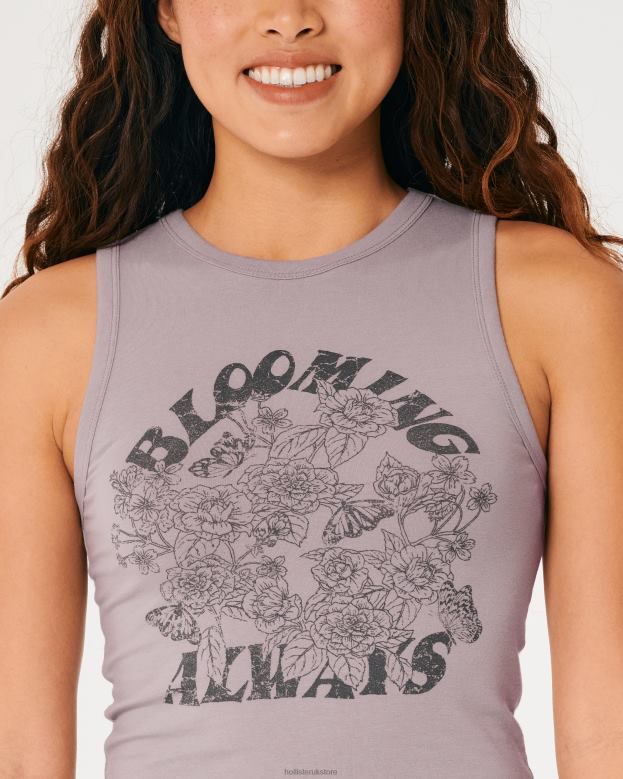 Tops Hollister Women High-Neck Blooming Always Graphic Tank 48820138 Purple Grey