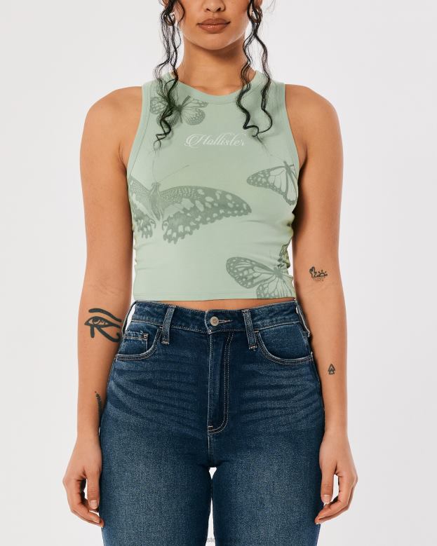 Tops Hollister Women High-Neck Butterfly Graphic Tank 48820254 Light Green